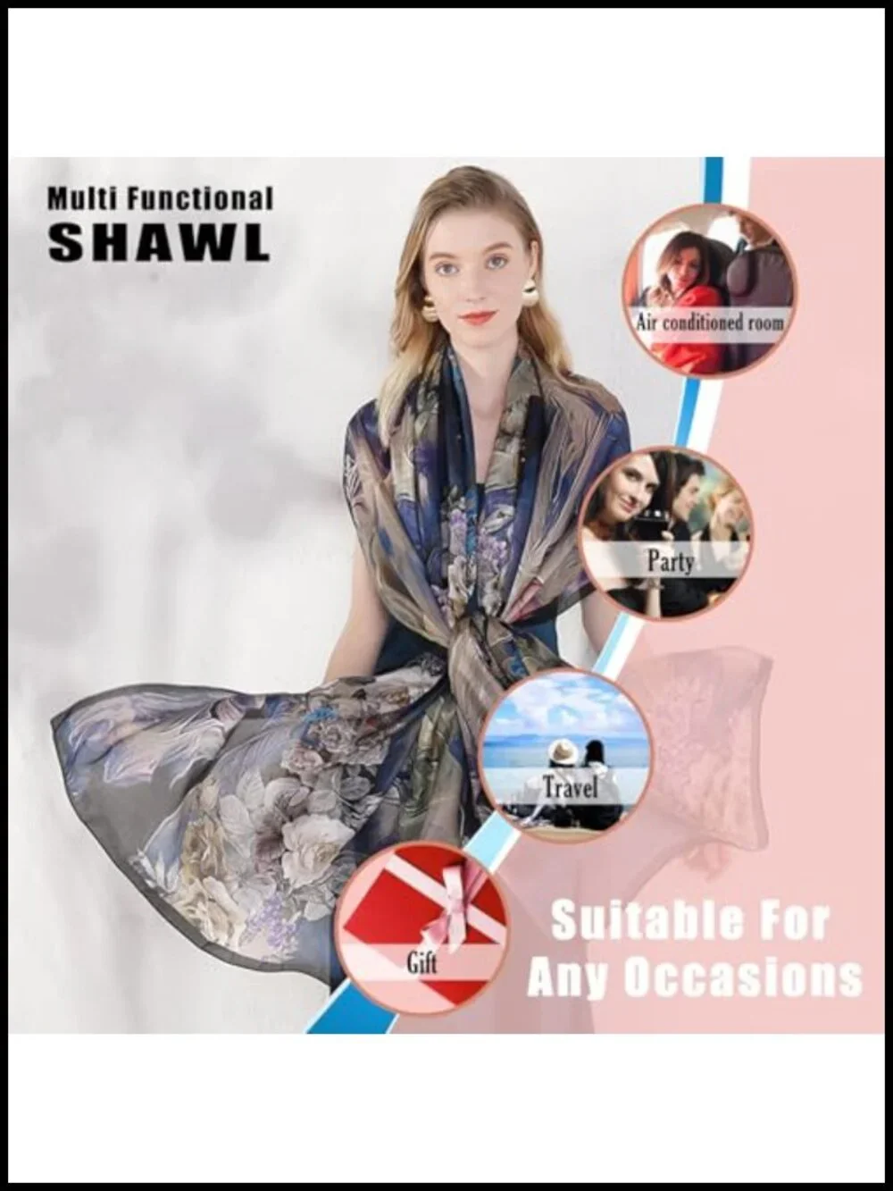 100% Mulberry Silk Pashmina Shawl Oversized Floral Wrap for Evening Dresses